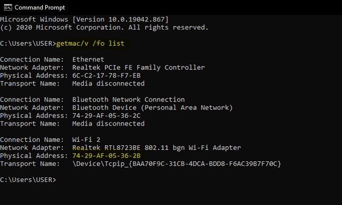 getmac /v /fo list