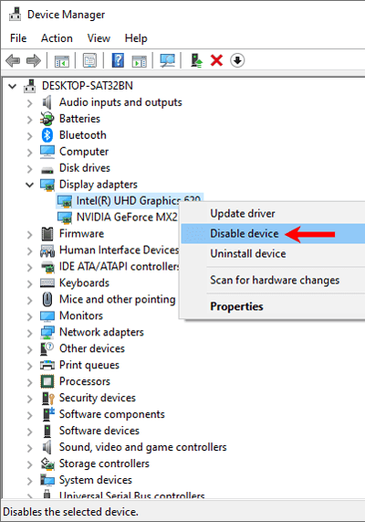 device manager display adapters disable graphics card