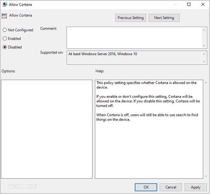 Disable Cortana Windows 10