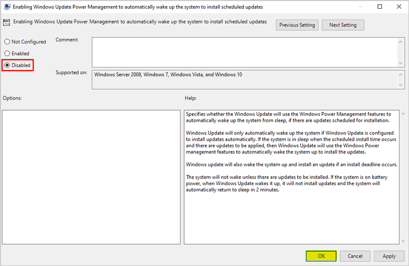 Enabling Windows Update Power Management to automatically wake up the system to install scheduled updates