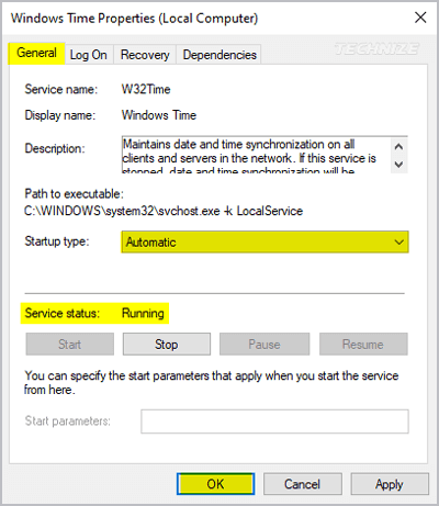 Services manager Windows time settings
