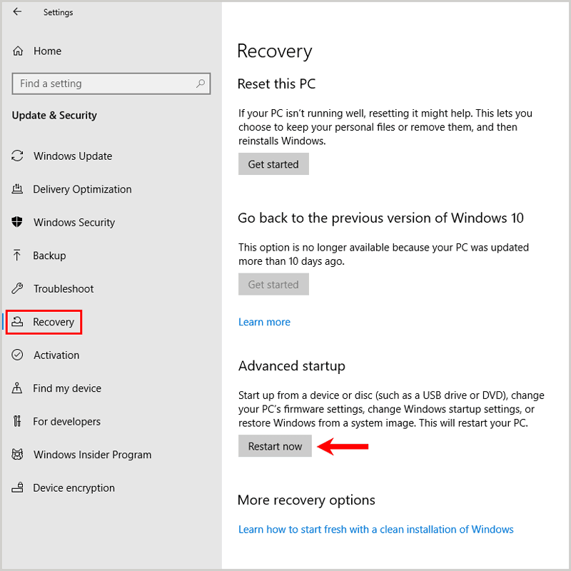 Windows Settings Recovery Advanced startup