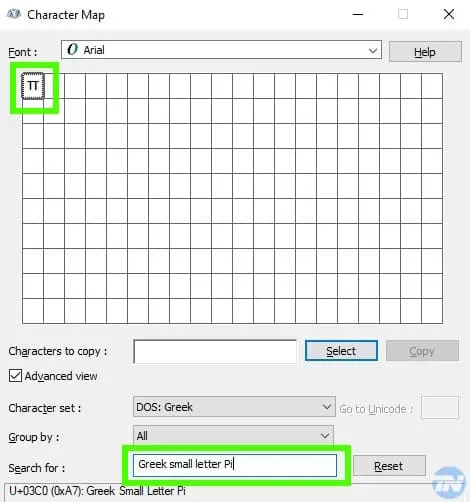 How to search for pi in character map