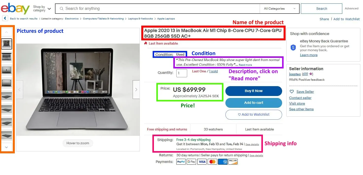 Example of a macbook air listing on ebay with details marked.