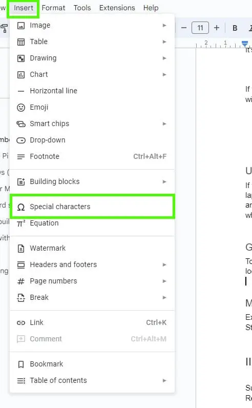 Locate pi symbol in google docs
