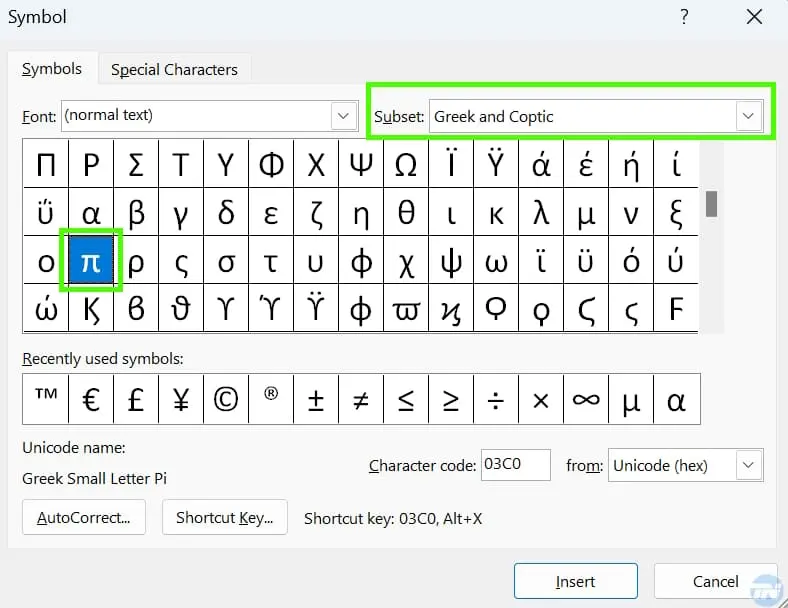 Write pi symbol in word