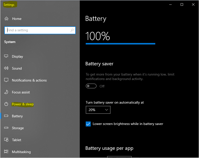 Windows laptop battery settings
