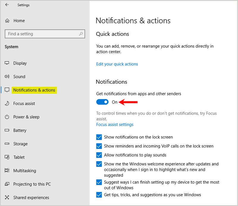 Disable Notifications settings windows
