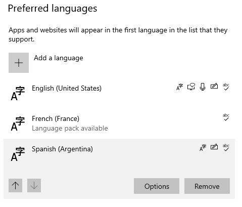 Preferred languages options Windows 10