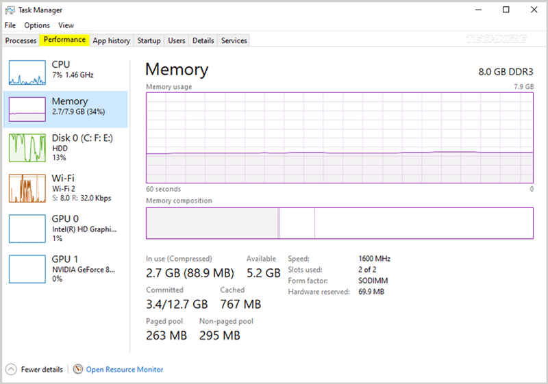 Windows Task manager RAM info