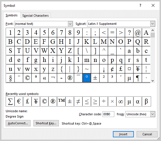 Typing the Degree Symbol using specific applications
