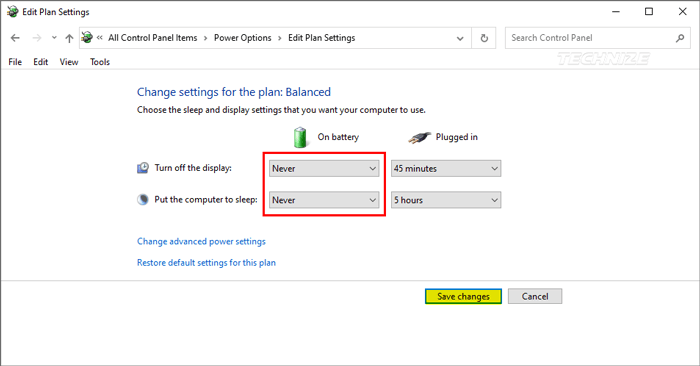 Windows change power plan settings never sleep